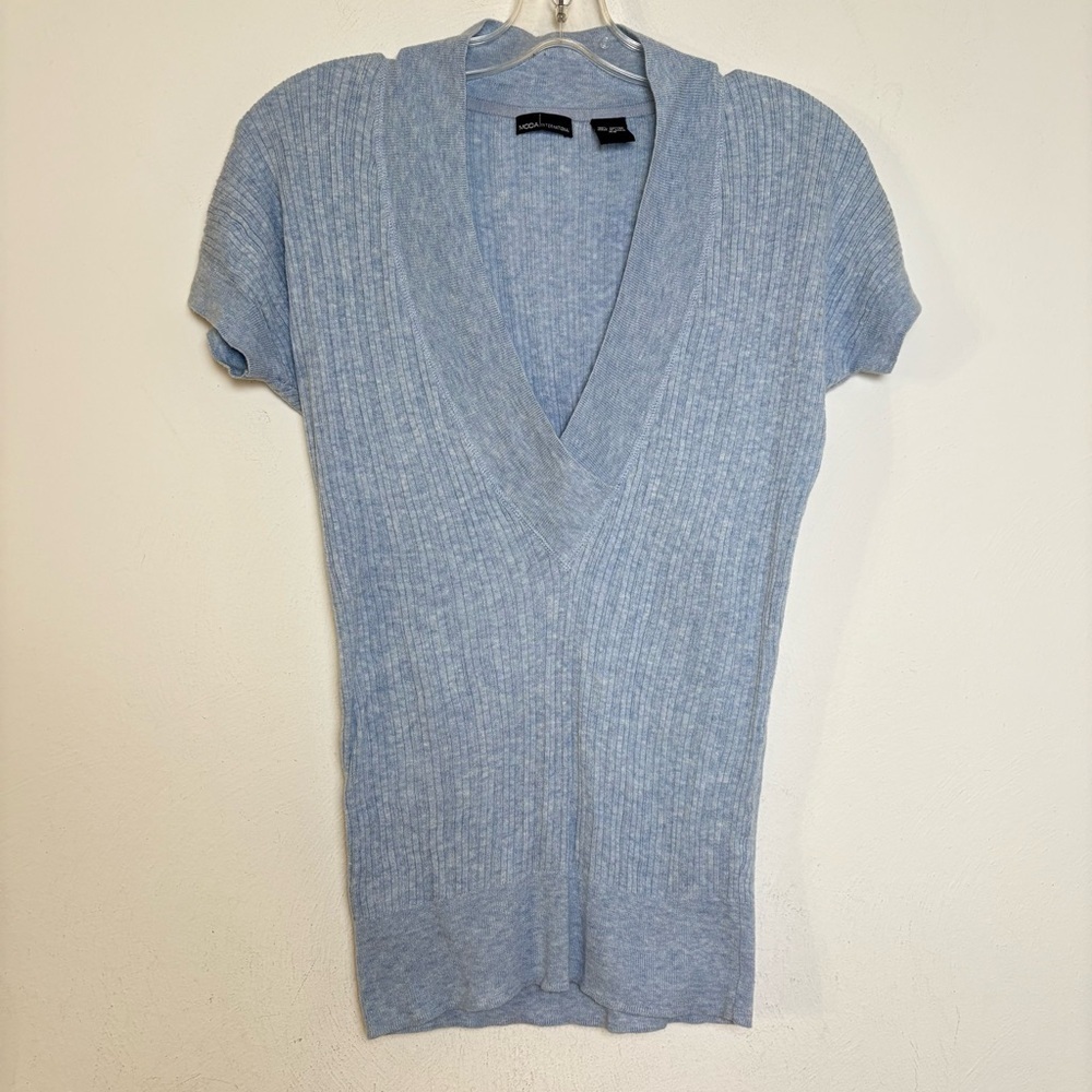 MODA INTERNATIONAL Vintage Y2K Sky Blue V-Neck Ribbed Cotton Short Sleeve Top - Picture 13 of 13